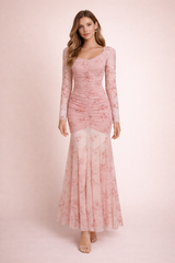 long-sleeve ruched floral midi dress with flared hem – ROSÉA