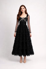 long-sleeve lace and tulle maxi dress with ribbon detail – BELLE
