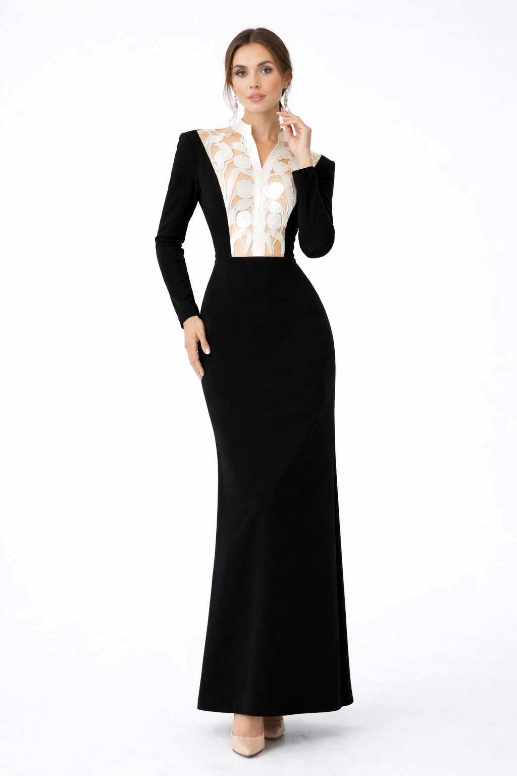 long sleeve column dress with embroidered illusion bodice – NOCTARA