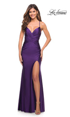 La Femme Jersey Long Prom Dress with Lace-Up Back