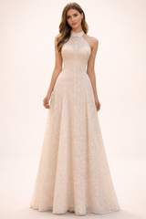 lace halter neck maxi dress with floral trim – LACE