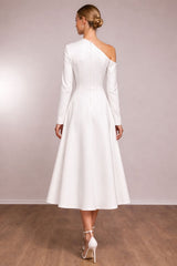 one-shoulder long-sleeve midi dress with flared skirt – IVORIA
