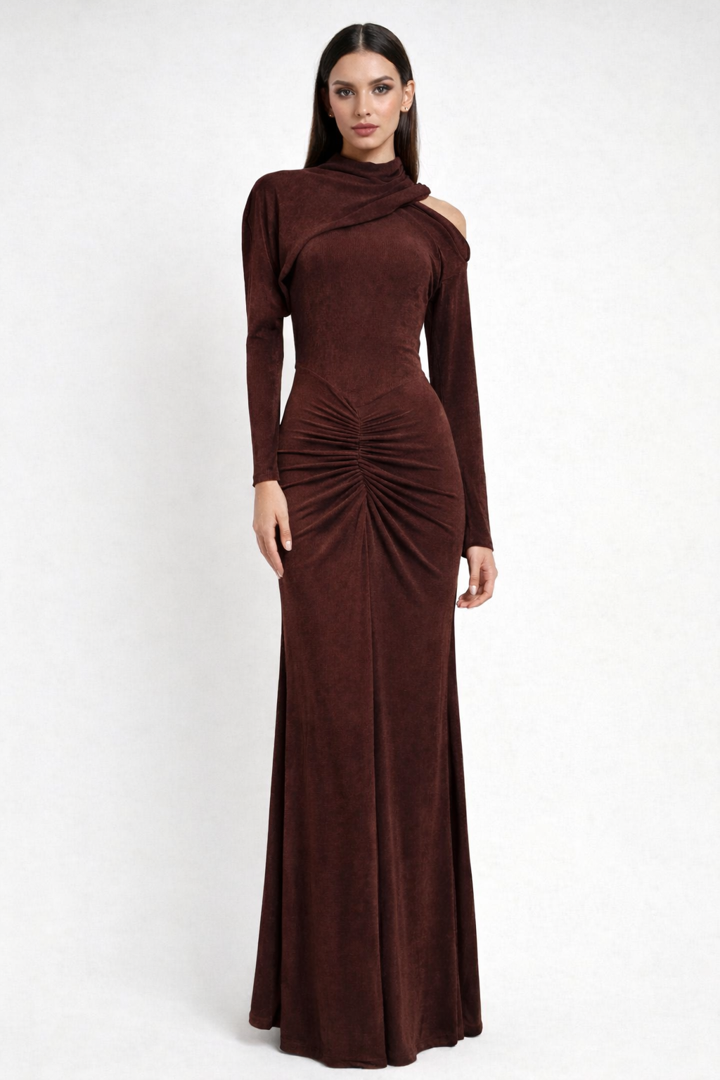 draped high-neck ruched maxi dress with long sleeves – MOCHA