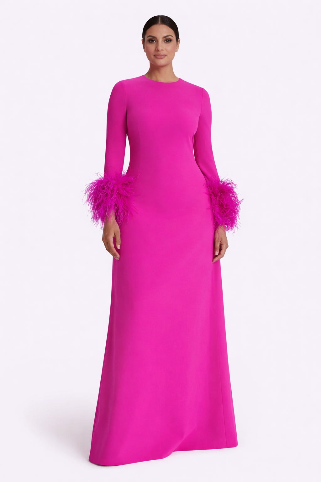 long-sleeve gown with feather-trim cuffs – FUCHSIA-1
