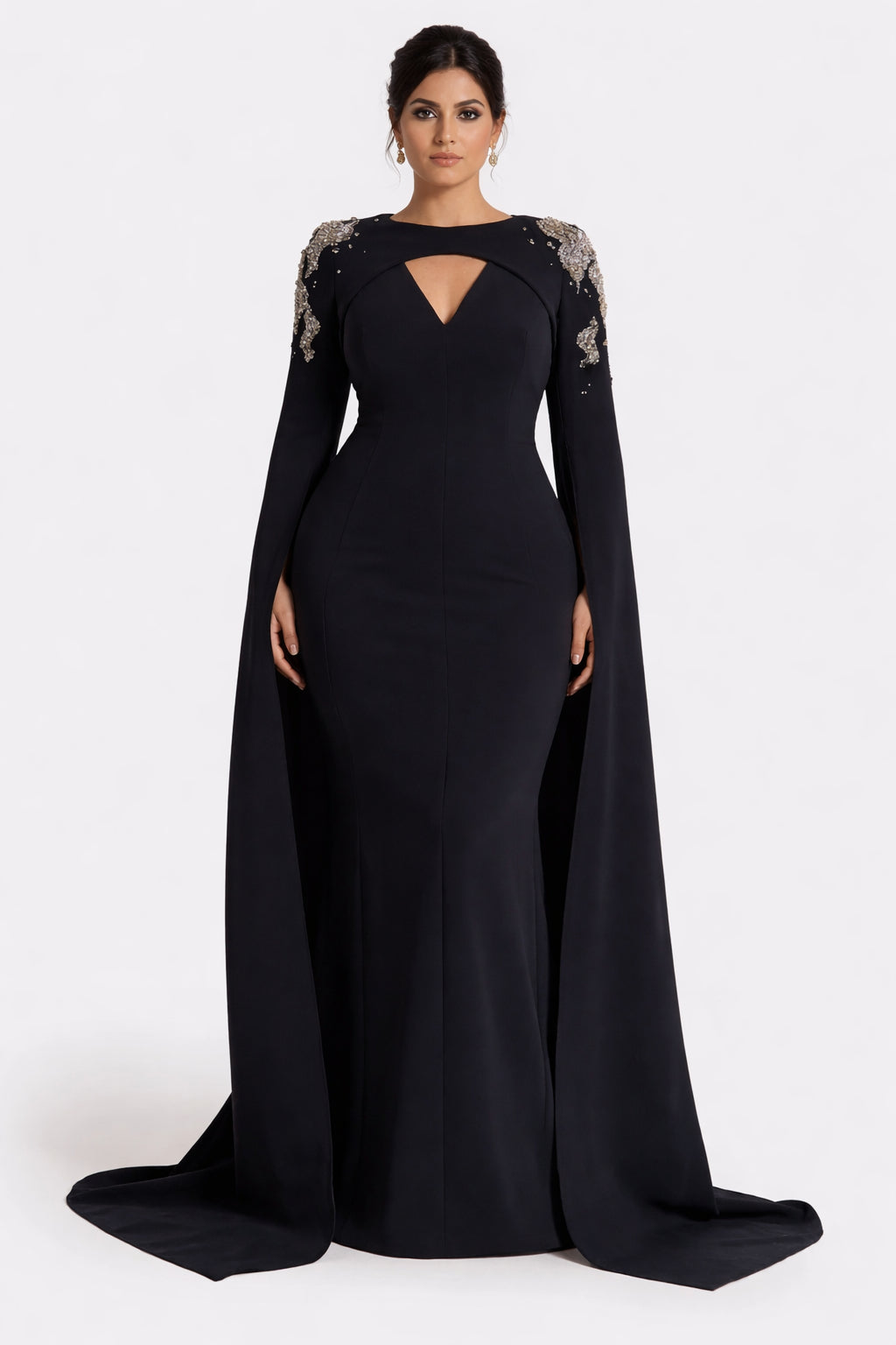 Long-sleeve column dress with embellished shoulders and draped cape - Isla-1