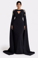 Long-sleeve column dress with embellished shoulders and draped cape - Isla-1