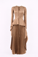 long sleeve satin peplum dress with pleated skirt and draped side panels – CARAMEL