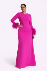 long-sleeve gown with feather-trim cuffs – FUCHSIA-1