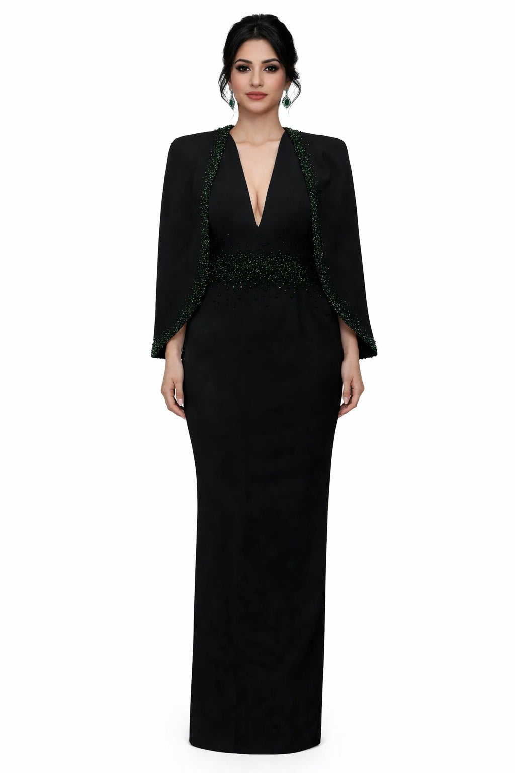 plunging v-neck gown with embellished cape – EMERALD-1