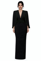 plunging v-neck gown with embellished cape – EMERALD-1
