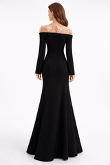 long sleeve satin dress with lace illusion neckline – GRACE