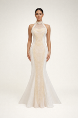 halter mermaid gown with draped beaded detailing – NOCTARA