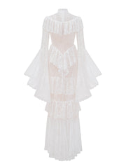 high neck lace ruffle dress with sheer panels – NOIR