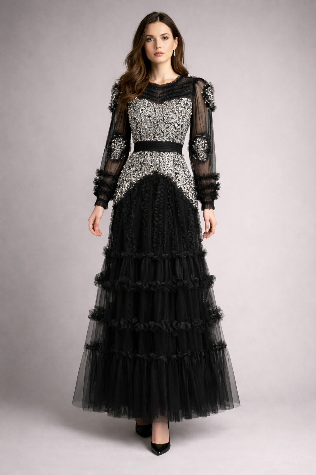 long-sleeve sequin bodice dress with layered tulle skirt – LUXE