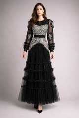 long-sleeve sequin bodice dress with layered tulle skirt – LUXE