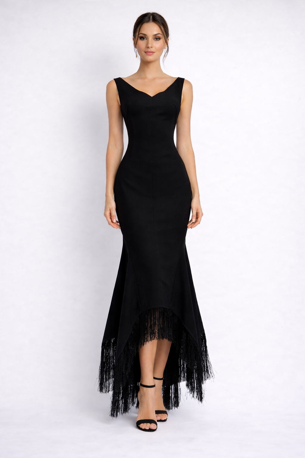 sleeveless mermaid dress with asymmetrical fringe hem – NOIRS