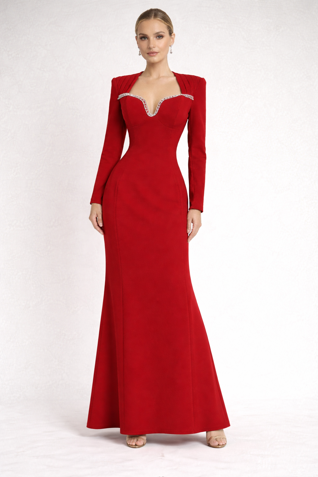 Name: long sleeve fitted dress with embellished sweetheart neckline – RUBINA