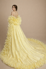 off-shoulder satin gown with ruffled cape train – AURÉLIE