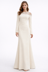 long sleeve satin dress with lace illusion neckline – GRACE