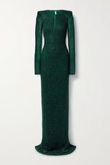long-sleeve shimmer gown with structured shoulders – EMERALD