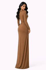 long sleeve draped wrap dress with gold waist detail – BRONZA