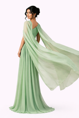 one-shoulder pleated gown with flowing chiffon cape – MINTARA