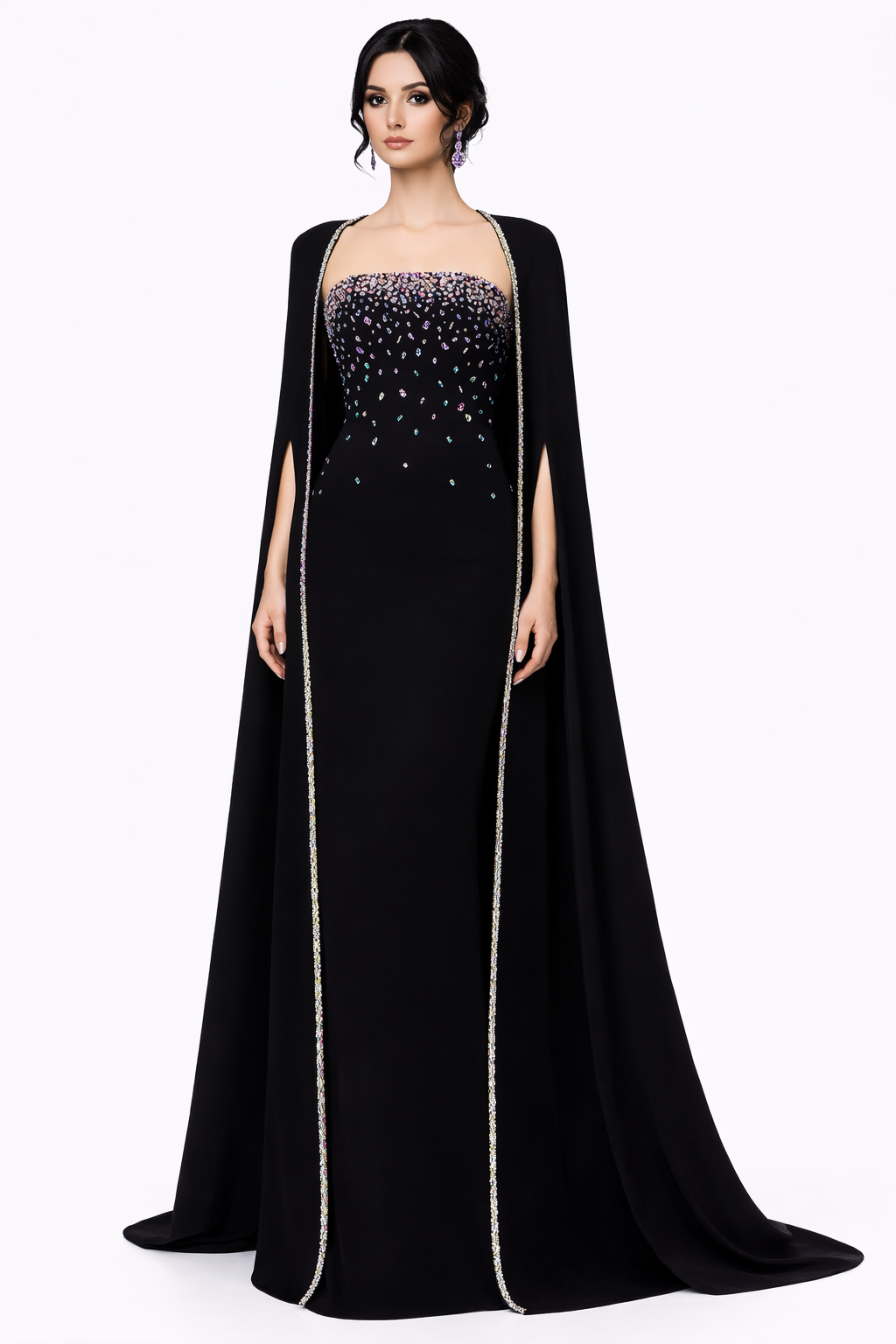 strapless embellished column dress with open-front cape – NOILL