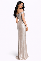 off-shoulder draped metallic column dress – LUMINA