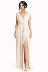 pleated wrap dress with braided trim and cap sleeves – AURÉLIA