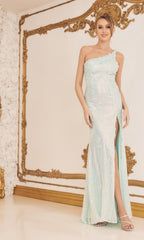 Mint Green One-Shoulder Long Lace Prom Dress D1158