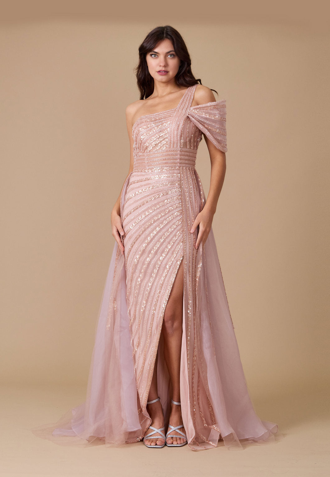 Long Couture Hand Beaded Cold Shoulder Formal Dress
