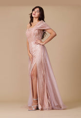 Long Couture Hand Beaded Cold Shoulder Formal Dress