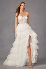 Juliet JT2464AW Glitter Ruffle Skirt Long Wedding Dress