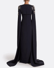 Long-sleeve column dress with embellished shoulders and draped cape - Isla-1
