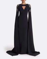 Long-sleeve column dress with embellished shoulders and draped cape - Isla-1