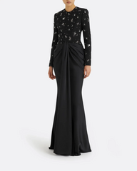 Embellished Long-Sleeve Draped Gown - MIDNIGHT-1