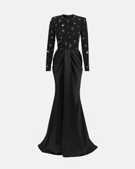Embellished Long-Sleeve Draped Gown - MIDNIGHT-1