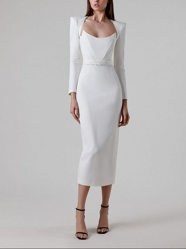long sleeve midi dress with sculpted neckline – Adeyte
