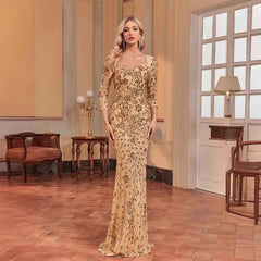 long-sleeve sequin mermaid gown with square neckline – ADELIKA