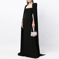 square-neck column gown with floor-length cape – Tiamat
