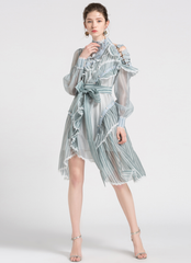 Sheer striped ruffle mini dress with sash – Nova