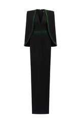 plunging v-neck gown with embellished cape – EMERALD-1