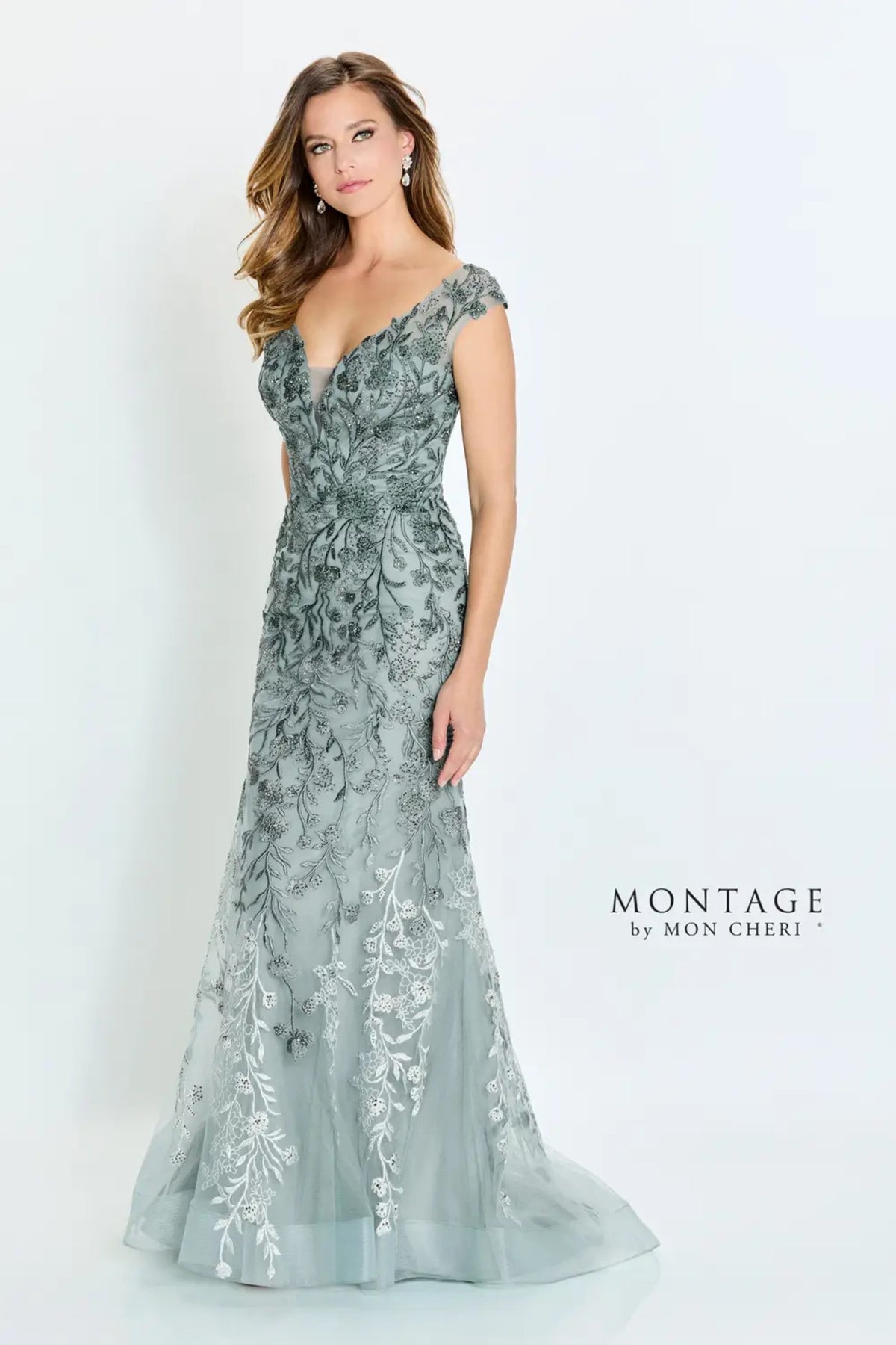 Montage M522 Beaded Floral Long Formal Ombre Evening Dress