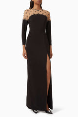long-sleeve gown with embellished sheer yoke – NOIR