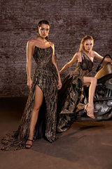 LaDivine J872 Long Formal Glitter Print Prom Fitted Dress