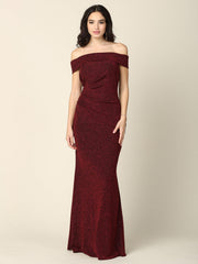 Long Off Shoulder Metallic Fitted Formal Dress
