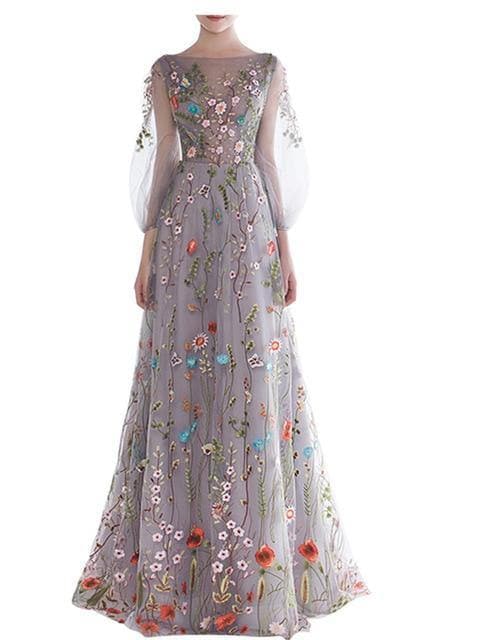 Sheer embroidered gown with floral appliqué – Arinda