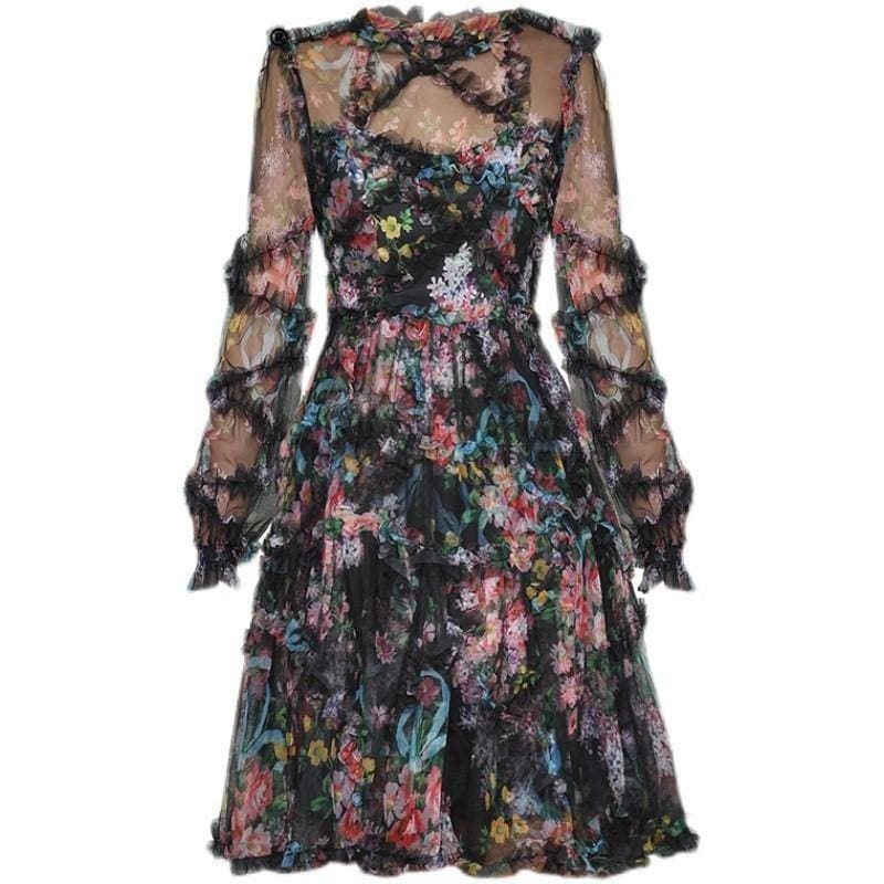 Black floral lace mini dress with sheer ruffle sleeves – Maarja