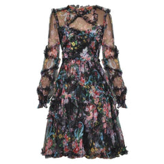 Black floral lace mini dress with sheer ruffle sleeves – Maarja