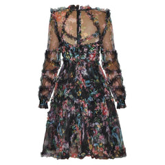 Black floral lace mini dress with sheer ruffle sleeves – Maarja